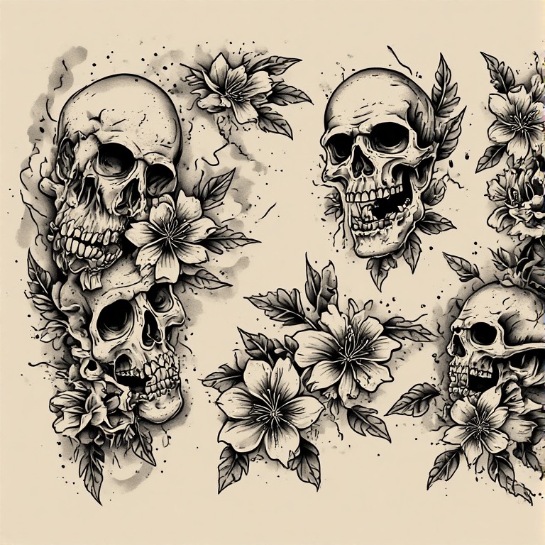 Tattoo flash: Skull flowers sick